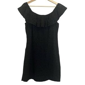 Betsey Johnson Women’s Off Shoulder Dress Size 8 Black Embroidery Zipper Ruffle